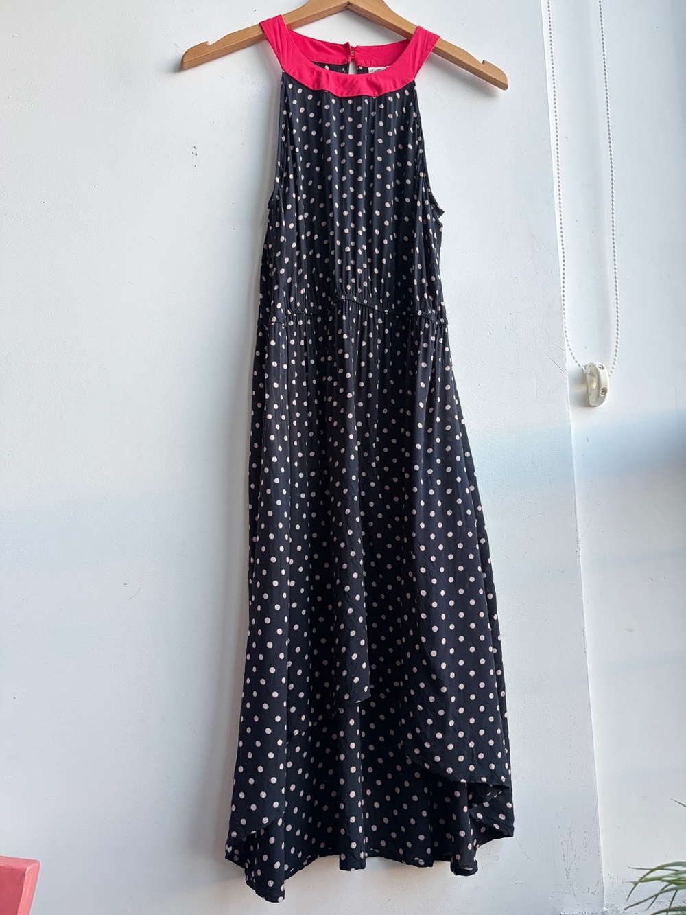 Lilka Women’s Asymmetrical Black + White Polka Dot Dress w/ Button Red Neckline